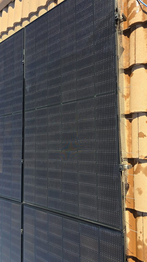 Cleaned solar panels up close, with pigeon mesh along the edge of the array
