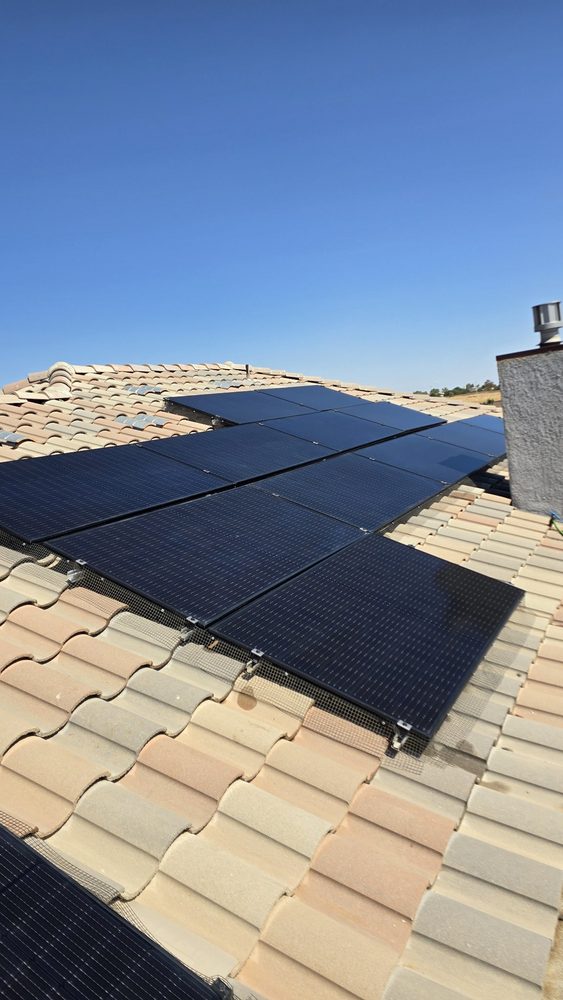 The same array after cleaning, glossy and reflecting the blue sky